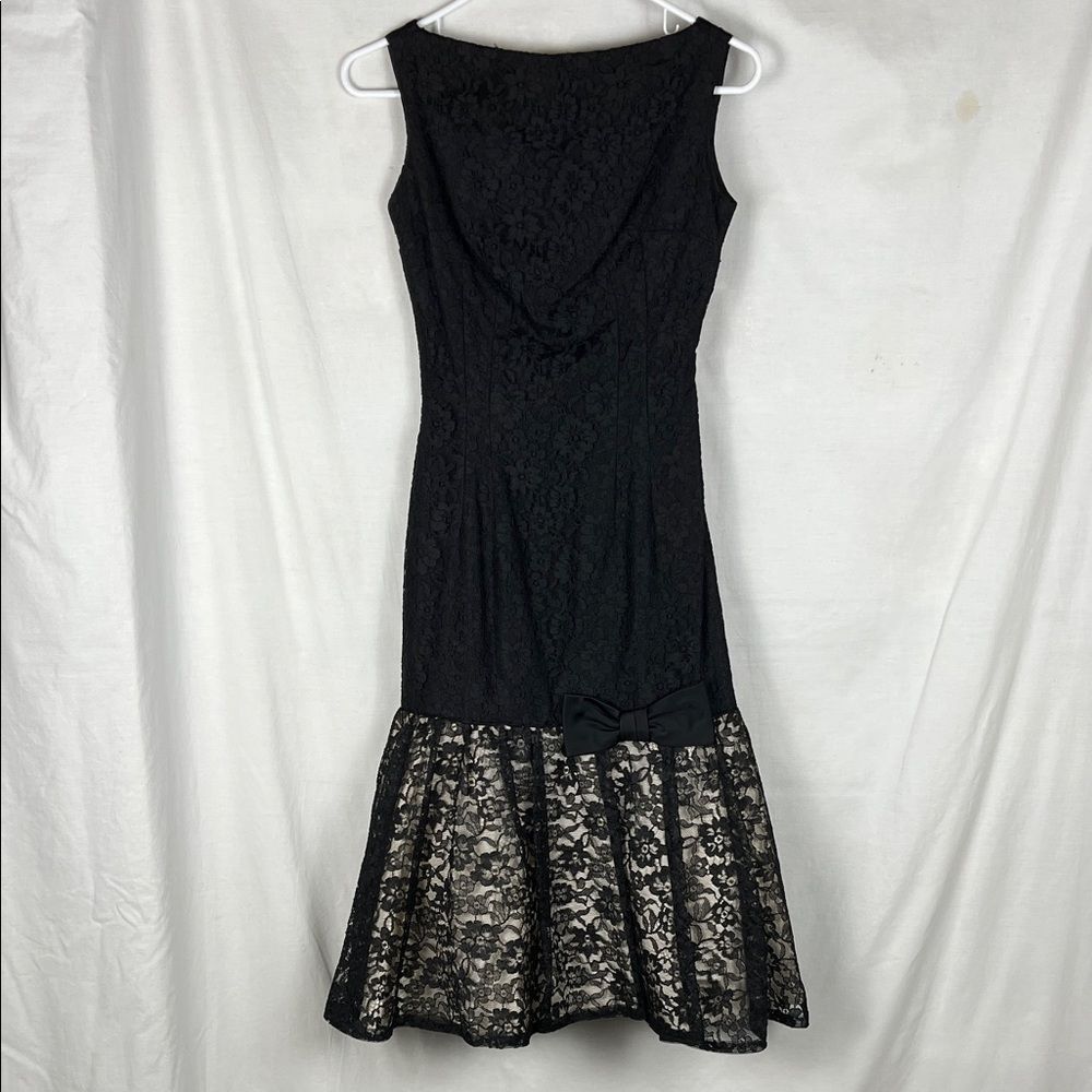 Vintage Black Whimsygoth Lace Midi Cocktail Dress with Bow and Mermaid Skirt